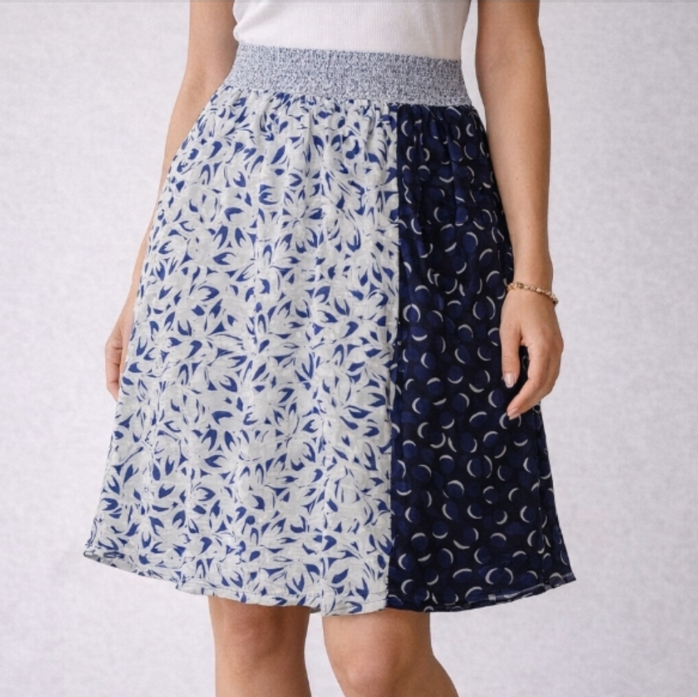 Anthropologie Maeve Silk Skirt Size Large | Blue White Abstract Print | Elastic